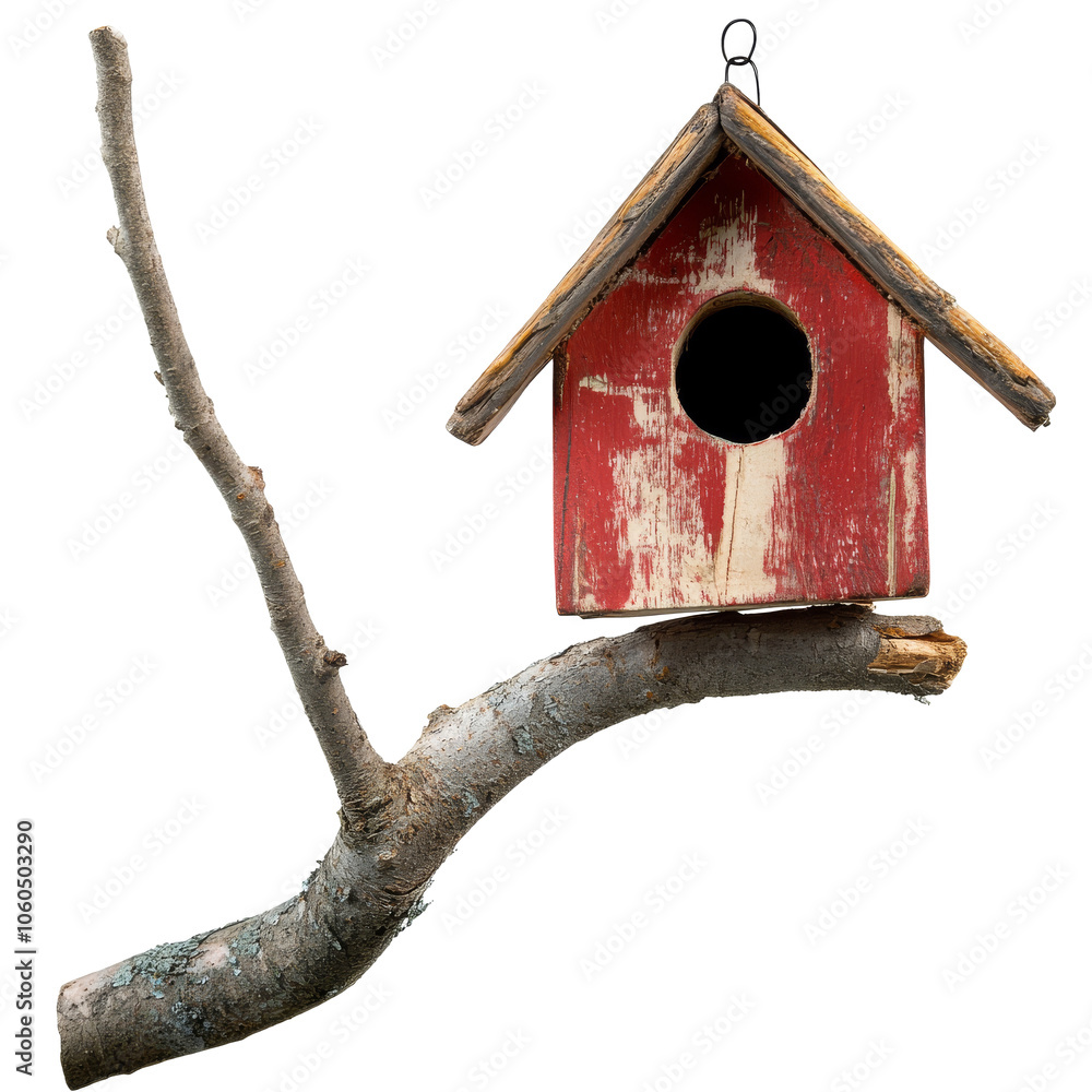 Rustic wooden birdhouse hanging on a branch, cut out transparent Rustic wooden birdhouse hanging on a branch, cut out transparent