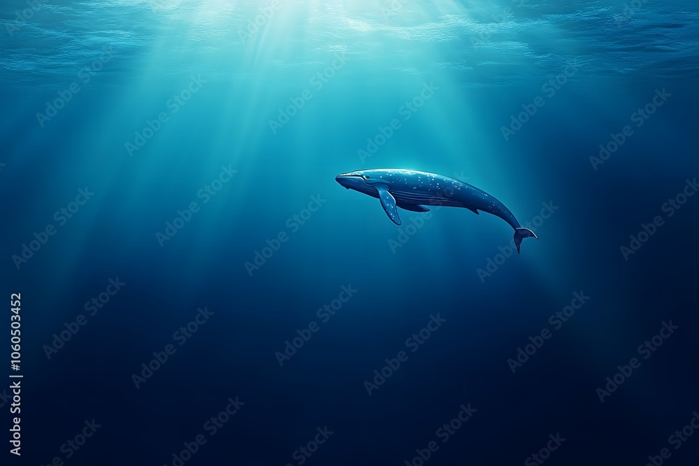 Fototapeta premium Blue whale swimming majestically in deep ocean waters with copyspace. Soft light from the surface. Underwater background. 