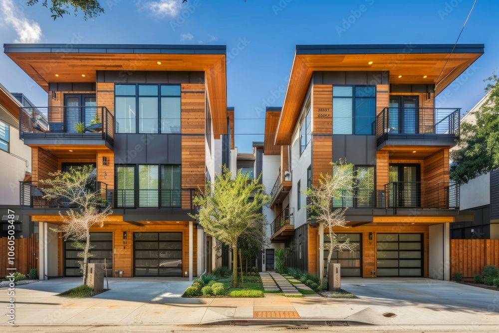 Obraz premium The row of just finished new townhouses, the Concept of buying a house vs renting an apartment. Neural network ai generated art