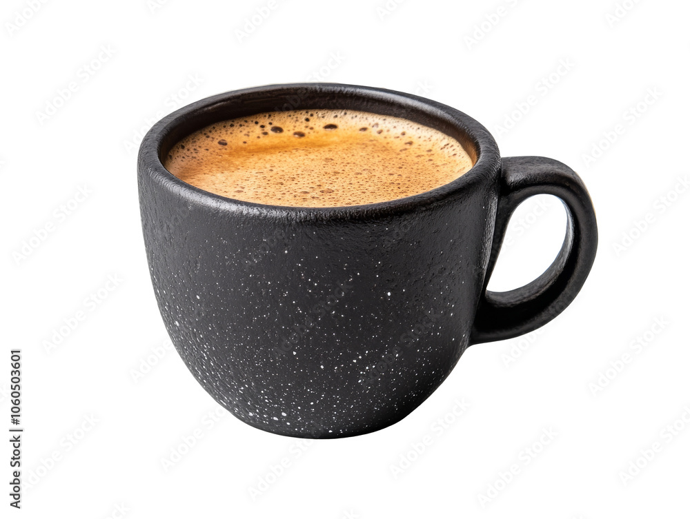 Freshly brewed black coffee in a textured ceramic cup, transparent Freshly brewed black coffee in a textured ceramic cup, transparent