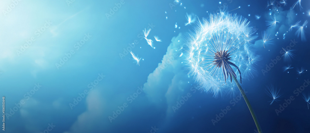 Fototapeta premium Dandelion Seeds Floating in Blue Sky with Clouds