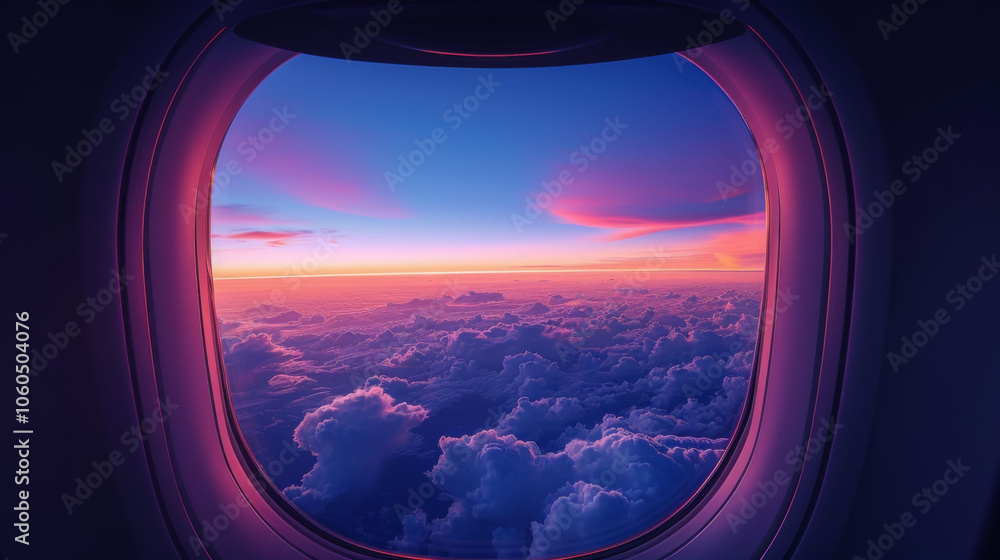 stunning view from airplane window showcasing vibrant gradient of blue and pink hues in sky, with fluffy clouds below, evoking sense of wonder and tranquility stunning view from airplane window showcasing vibrant gradient of blue and pink hues in sky, with fluffy clouds below, evoking sense of wonder and tranquility