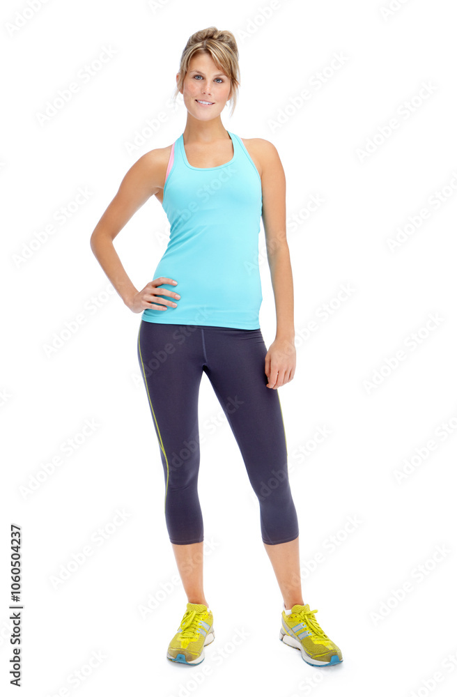 Portrait, fitness and woman with smile, studio and healthy with workout, confident and strength with exercise. White background, wellness and proud of training, goals and relax in sportswear and USA Portrait, fitness and woman with smile, studio and healthy with workout, confident and strength with exercise. White background, wellness and proud of training, goals and relax in sportswear and USA