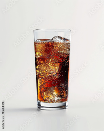 refreshing long drink glass filled with cola and ice cubes, showcasing bubbles and condensation. Perfect for quenching thirst on warm day