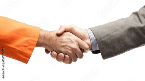 A former inmate shaking hands with a potential employer, thanking them for a second chance, isolated on a white background