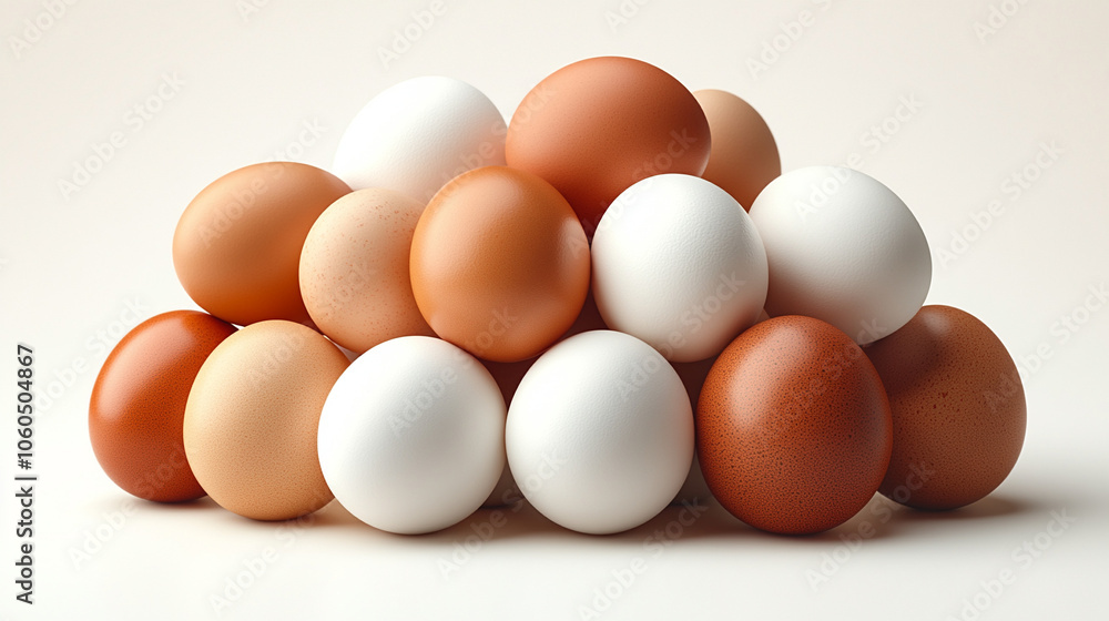 Pile of brown and white chicken eggs against white background. close-up fresh, natural, farm, healthy, organic, nutrition Pile of brown and white chicken eggs against white background. close-up fresh, natural, farm, healthy, organic, nutrition