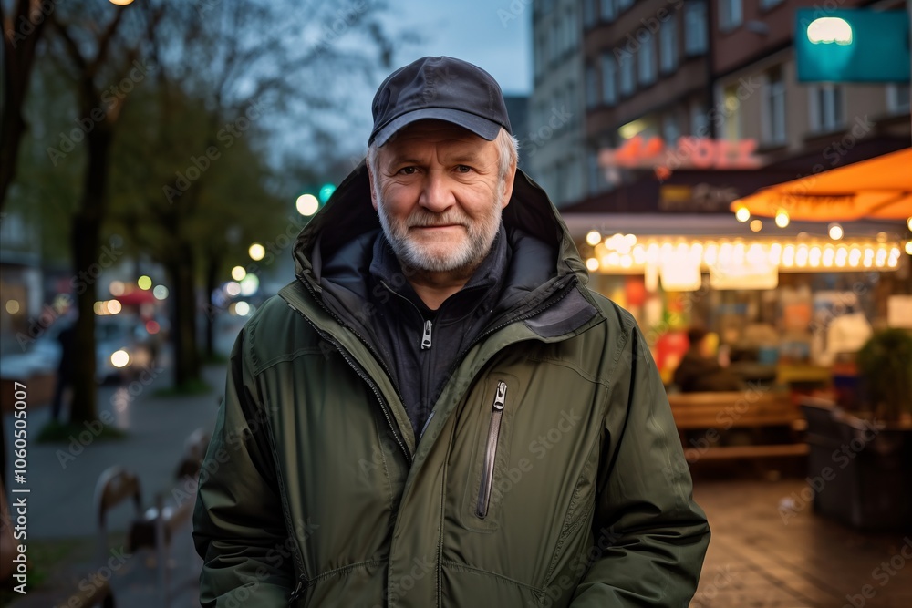 Portrait of a senior man in a green jacket on the street at night. Portrait of a senior man in a green jacket on the street at night.