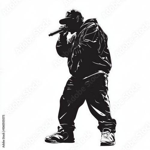 A vector drawing as a plain black silhouette of a rapper while rapping into a microphone on a plain white background 