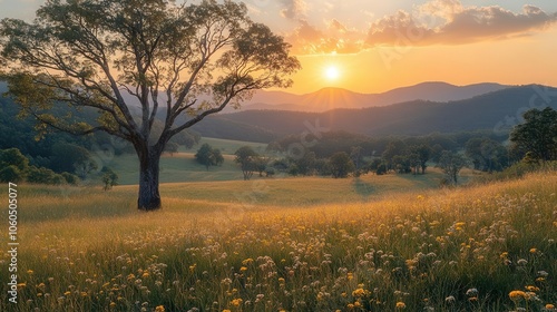 a breathtaking panoramic view of a mountainous landscape bathed in the golden light of morning showcasing the beauty of nature with rolling hills and vibrant flora evoking tranquility and awe