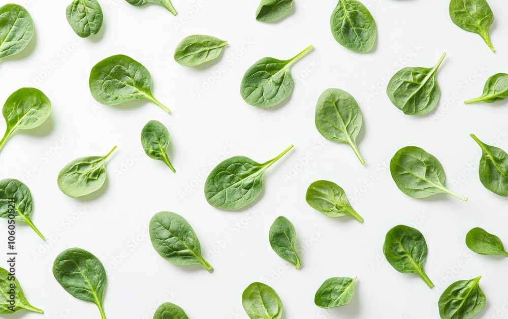 A group of baby spinach leaves spread across a white background, ready for a salad A group of baby spinach leaves spread across a white background, ready for a salad