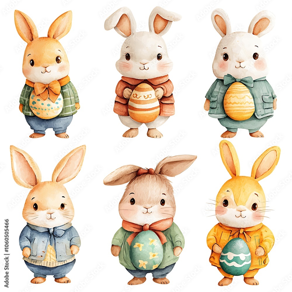 Fototapeta premium Adorable Watercolor Easter Bunnies Holding Eggs.