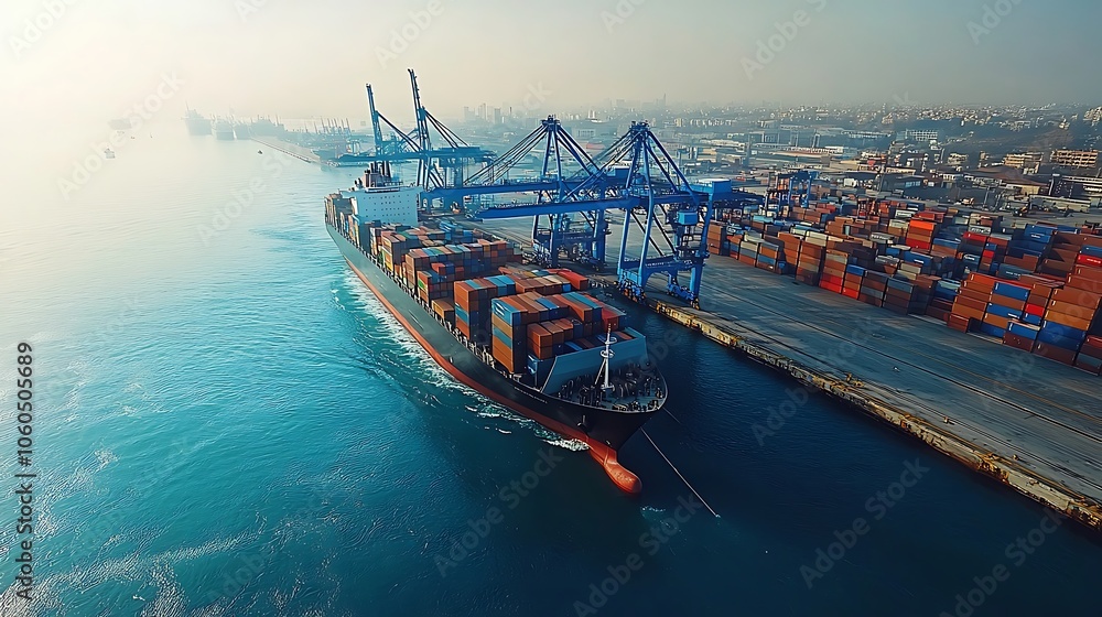 Obraz premium A large container ship is docked at the port, Large container ship