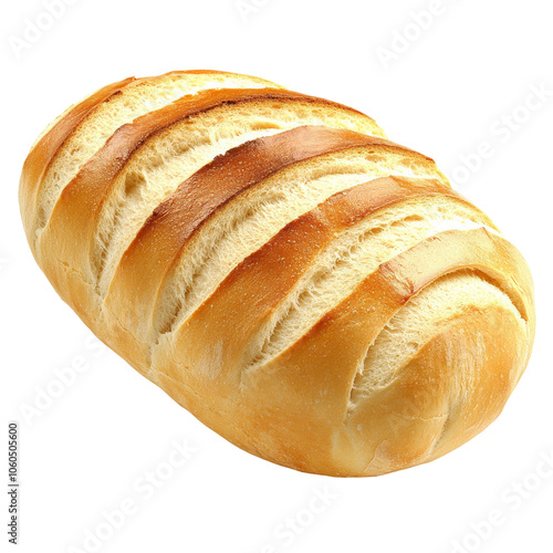 Freshly baked artisanal bread loaf with golden crust and soft interior, transparent photo