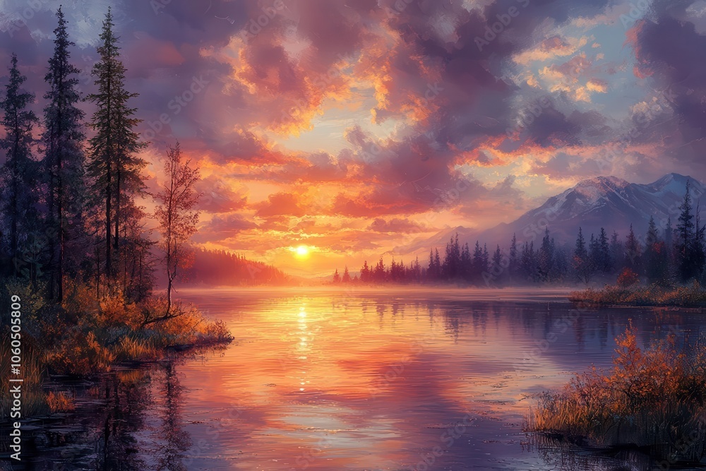 Obraz premium a breathtaking sunrise spills radiant colors over a peaceful river creating a tranquil and picturesque scene that evokes feelings of calm and awe in natures beauty