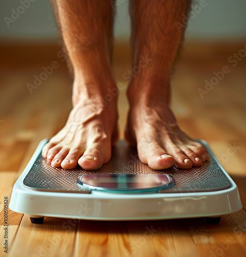 Feet on scales on wooden floor photo