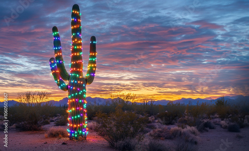 Cactus in the desert at sunset decorated with colorful Christmas lights.  Room for text  photo