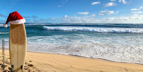 Santa Claus hat on a surfboard at the beach.  Room for text 