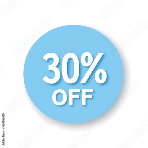 Minimalist design of a round light blue paper note with white text "30% OFF" isolated on a blank white background. Great for showcasing limited time discounts or special offers.