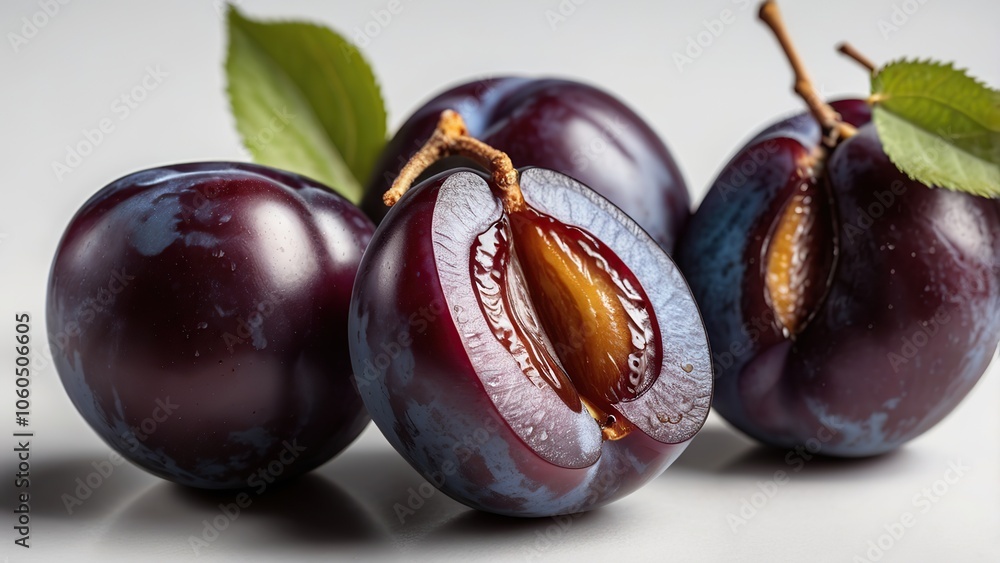 Fototapeta premium Plums isolated on white background. Half of blue plum fruit