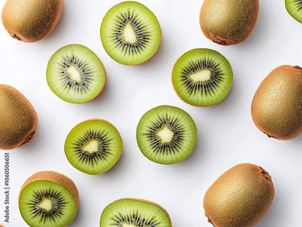 Fototapeta premium A group of kiwis, some whole and some sliced, laid out on a clean white background