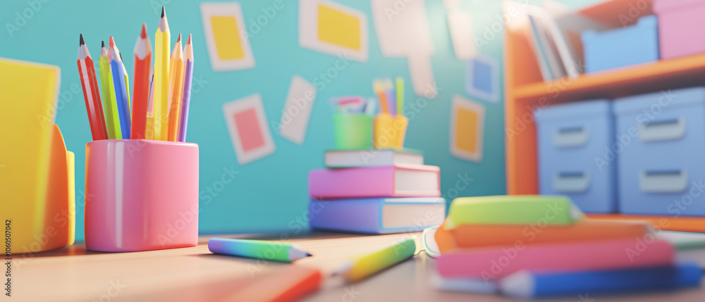Colorful Pencils in Pink Holder on Desk with Books and Papers Colorful Pencils in Pink Holder on Desk with Books and Papers