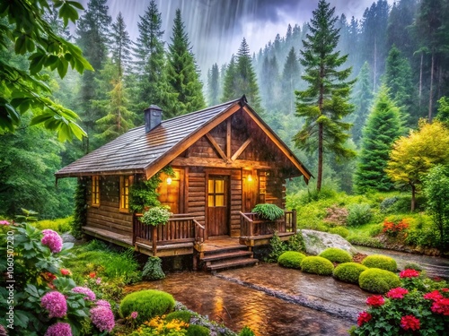 Cozy Wooden Cabin in Lush Greenery on a Rainy Day - Tranquil Nature Scene, Rustic Retreat, Serene Atmosphere, Rainy Weather, Outdoor Escape, Woodland Hideaway, Peaceful Getaway, Nature Photography