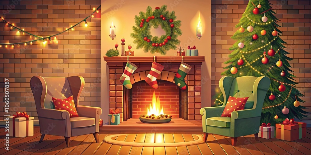 A Cozy Christmas Eve Setting with a Warm Fireplace, Decorated Tree, and Two Inviting Armchairs A Cozy Christmas Eve Setting with a Warm Fireplace, Decorated Tree, and Two Inviting Armchairs