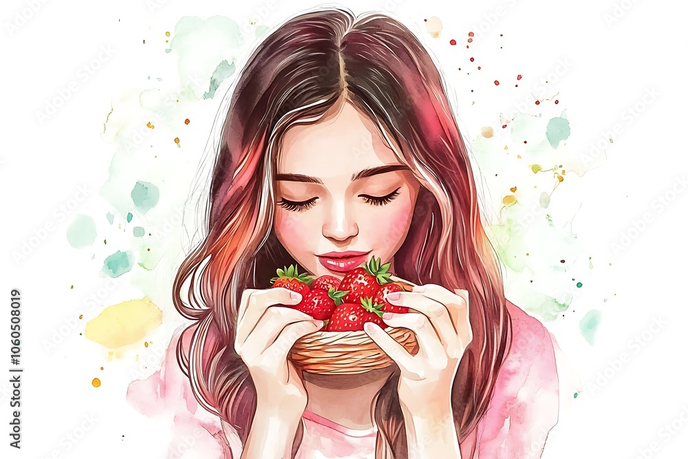 Woman smelling strawberries in a basket. Woman smelling strawberries in a basket.