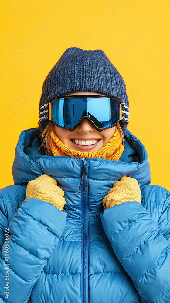 Skier smiling woman 20s wear winter suit goggles mask isolated on vibrant background. Skier smiling woman 20s wear winter suit goggles mask isolated on vibrant background.