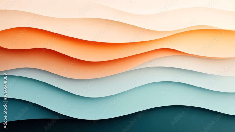 Abstract art featuring layered wavy patterns in shades of orange, teal, and cream creating a harmonious and flowing design. Abstract art featuring layered wavy patterns in shades of orange, teal, and cream creating a harmonious and flowing design.