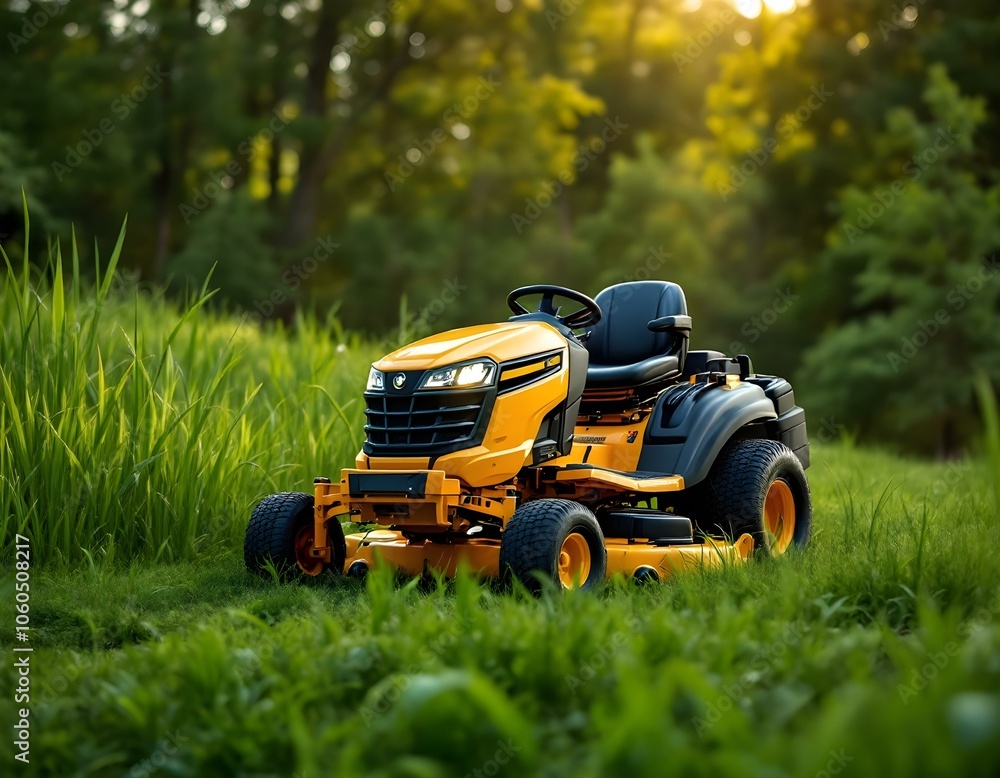 High-Resolution Close-Up of Professional Yellow Riding Lawn Mower on Grassy Hill with Lush Greenery Background – Ideal for Outdoor Landscaping and Gardening Concepts High-Resolution Close-Up of Professional Yellow Riding Lawn Mower on Grassy Hill with Lush Greenery Background – Ideal for Outdoor Landscaping and Gardening Concepts