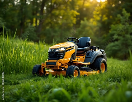 High-Resolution Close-Up of Professional Yellow Riding Lawn Mower on Grassy Hill with Lush Greenery Background – Ideal for Outdoor Landscaping and Gardening Concepts