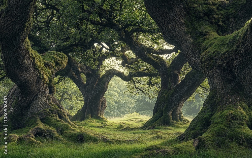 Obraz premium A grove of ancient trees, their trunks thick and twisted with age, standing in silence