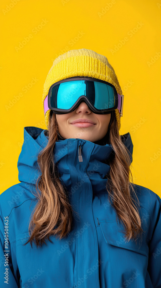 Skier smiling woman 20s wear winter suit goggles mask isolated on vibrant background. Skier smiling woman 20s wear winter suit goggles mask isolated on vibrant background.