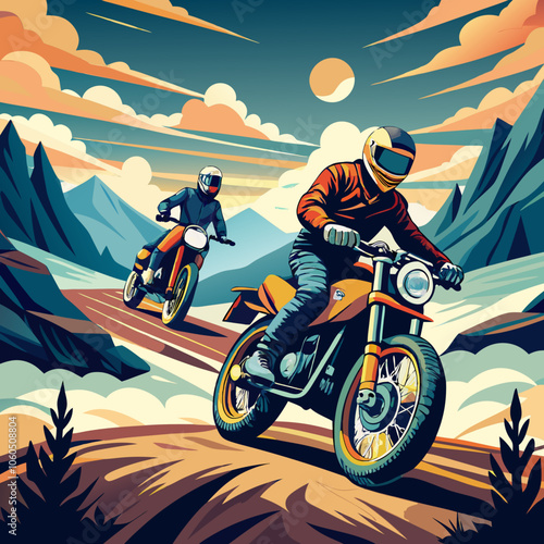 Motorcycle Adventure: Two riders conquer a winding mountain road, embracing the thrill of the open road in a vibrant illustration that captures the spirit of adventure and freedom. 