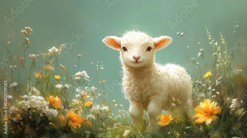 a charming young lamb frolicking in a lush green meadow symbolizing innocence and natures beauty soft pastel colors create a warm and inviting atmosphere