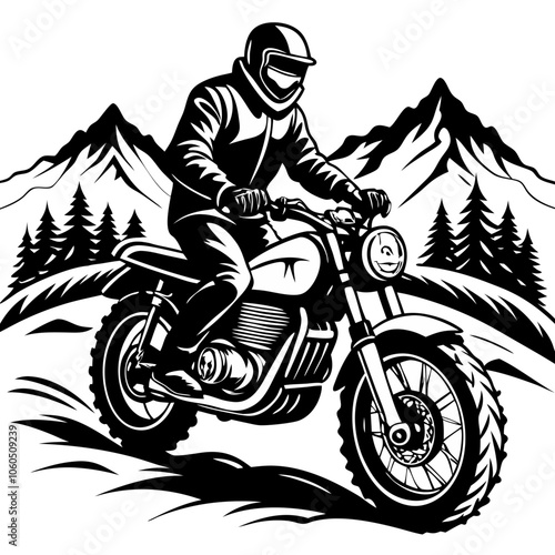 Motorcycle Adventure: A lone rider on a vintage motorcycle navigates a rugged mountain path, showcasing the thrill of adventure and the freedom of the open road.  