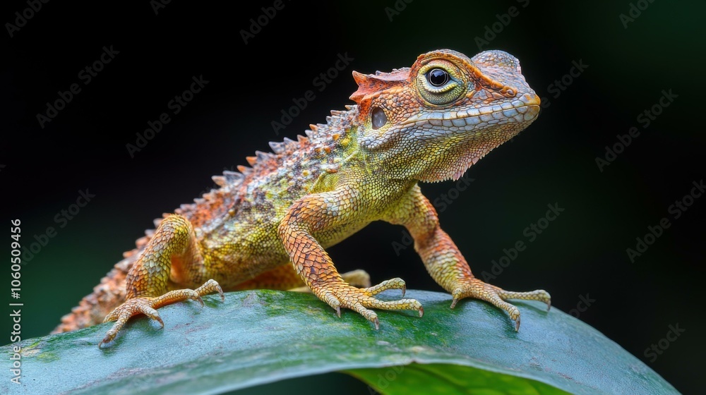 Obraz premium Vibrant Lizard Perched on Leaf: A Close-Up Exploration of Exotic Wildlife in Tropical Environments