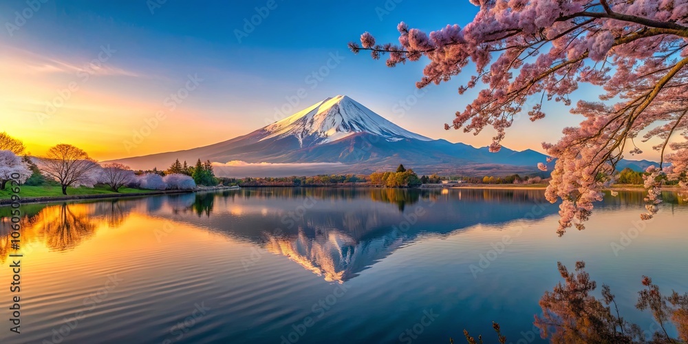 Obraz premium A serene mountain vista with a serene reflection on the still waters, framed by blossoming trees