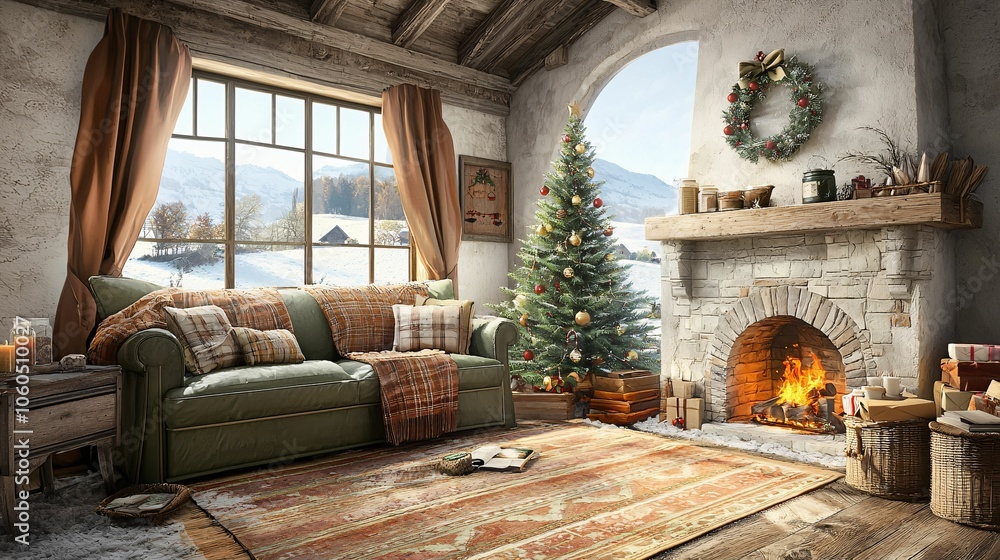 Fototapeta premium A cozy, rustic living room decorated for the holidays, featuring a Christmas tree, fireplace, and scenic winter views.