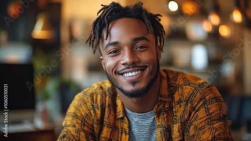 a cheerful young male teacher conducts an engaging online lesson from a cozy office setting radiating positivity and enthusiasm through the video call interface