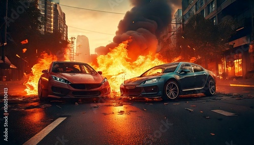 Two cars crash with flames catastrophic realistic illustration