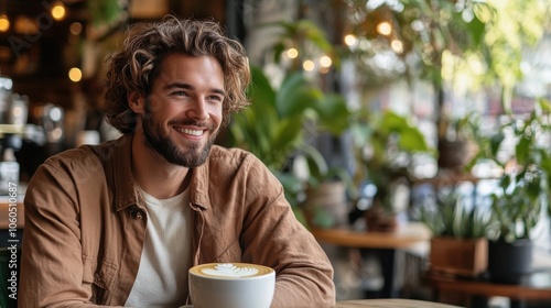 Happy man with beard enjoying a coffee in a lush, plant-filled cafe