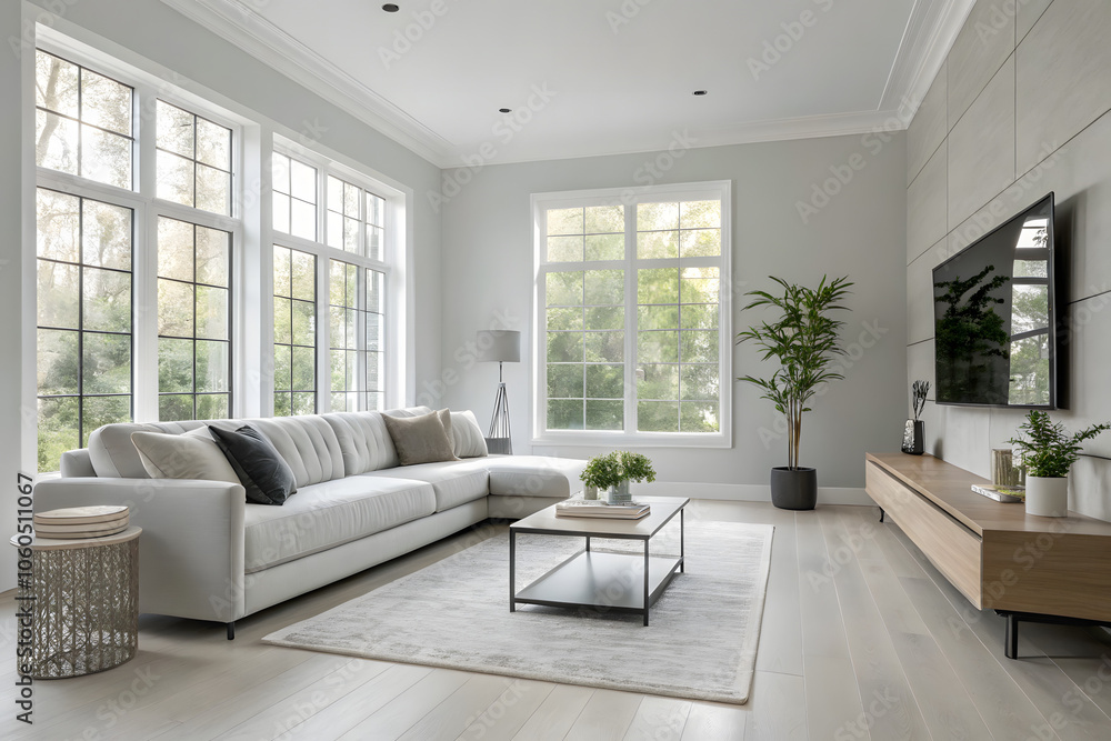 Luxurious Minimalist Living Room with Large Windows and Nature View Luxurious Minimalist Living Room with Large Windows and Nature View