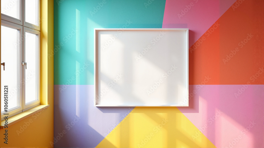 Colorful room with framed banner in sunlight Colorful room with framed banner in sunlight