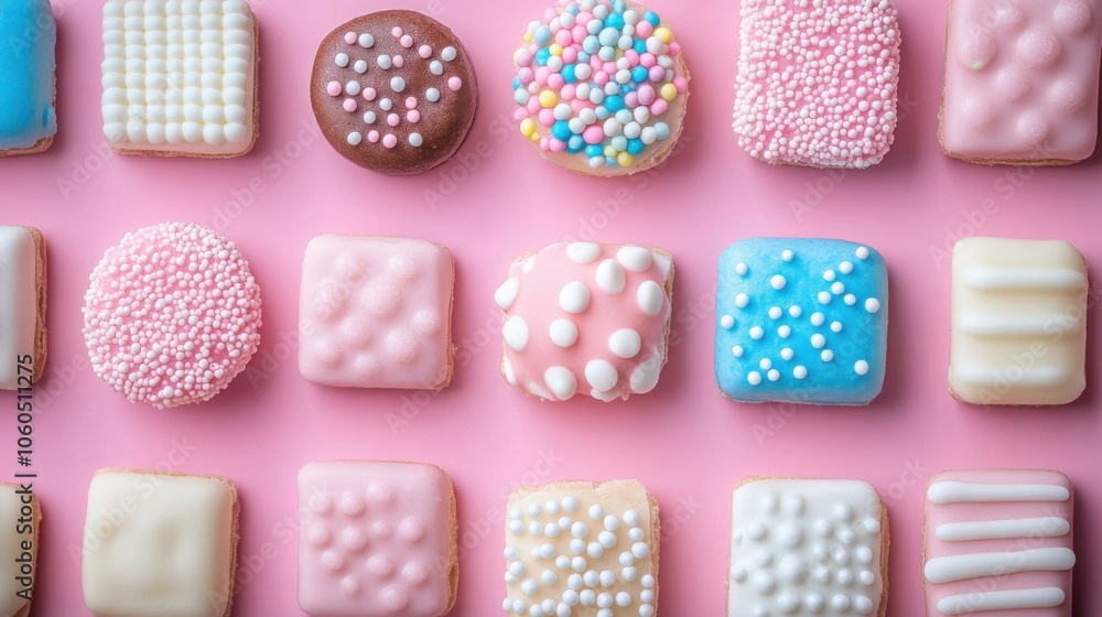 Delightful Colorful Desserts: A Collection of Charming Sweet Treats on a Pink Background Delightful Colorful Desserts: A Collection of Charming Sweet Treats on a Pink Background