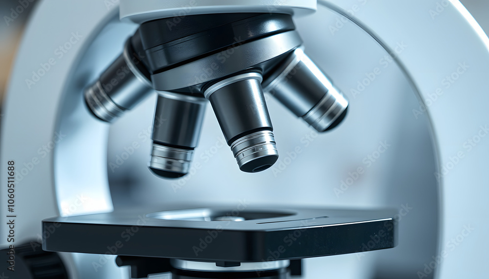 Fototapeta premium Close up of laboratory microscope isolated with white highlights, png