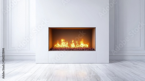 stylish burning fireplace in a modern apartment, bright interior, white walls, heating, fire, flame, heater, warmth in the house, cozy home