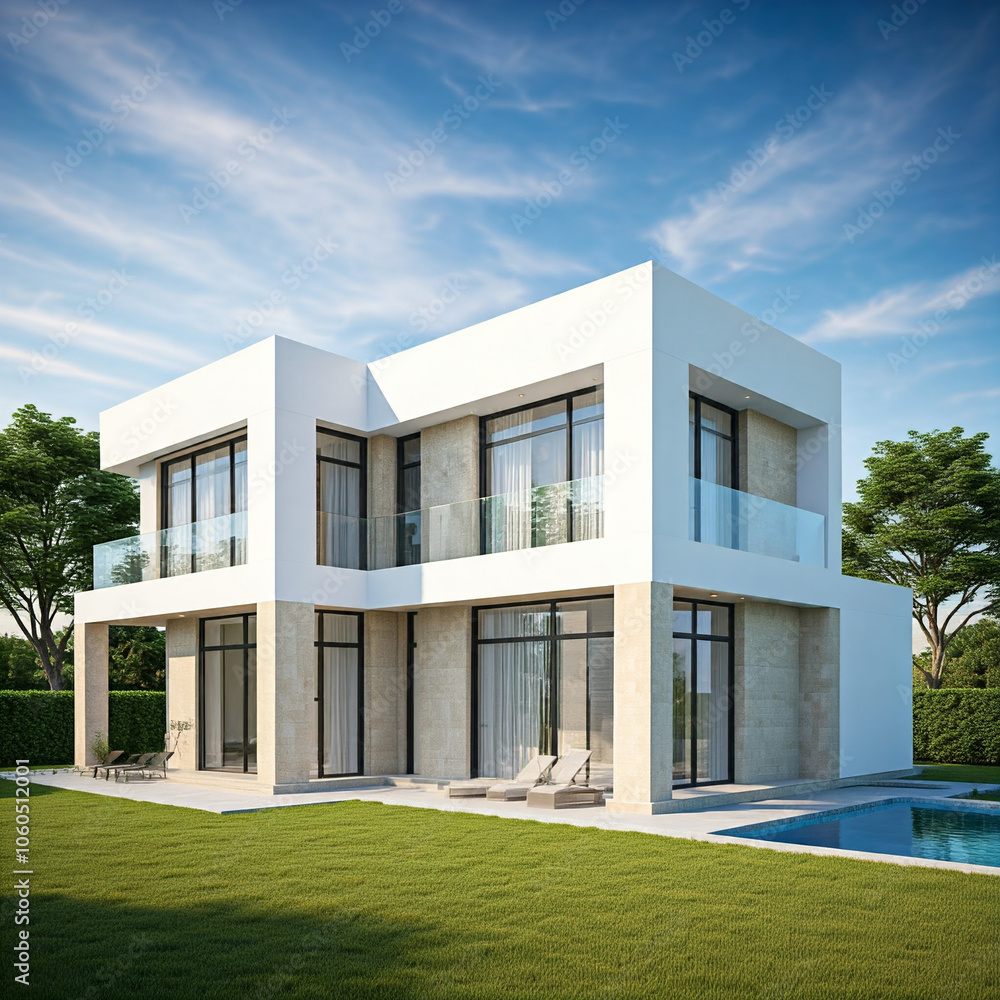 Modern villa with clean lines, contrasting colors, and large windows. Perfect for architecture and real estate concepts. Modern villa with clean lines, contrasting colors, and large windows. Perfect for architecture and real estate concepts.