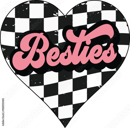 Pink retro Besties - best friend t shirts design, Groovy  heart vector lettering phrase t shirt design, Isolated on white, checkerboard pattern svg Files for Cutting Cricut and Silhouette, EPS 10	